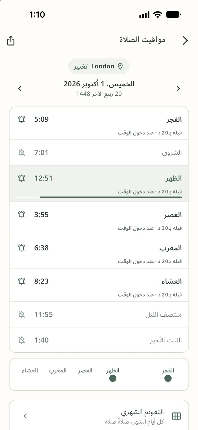 شاشة مواقيت الصلاة في لندن، وقد ضُبط تنبيه لكل صلاة، ولمنتصف الليل، وللثلث الأخير من الليل.