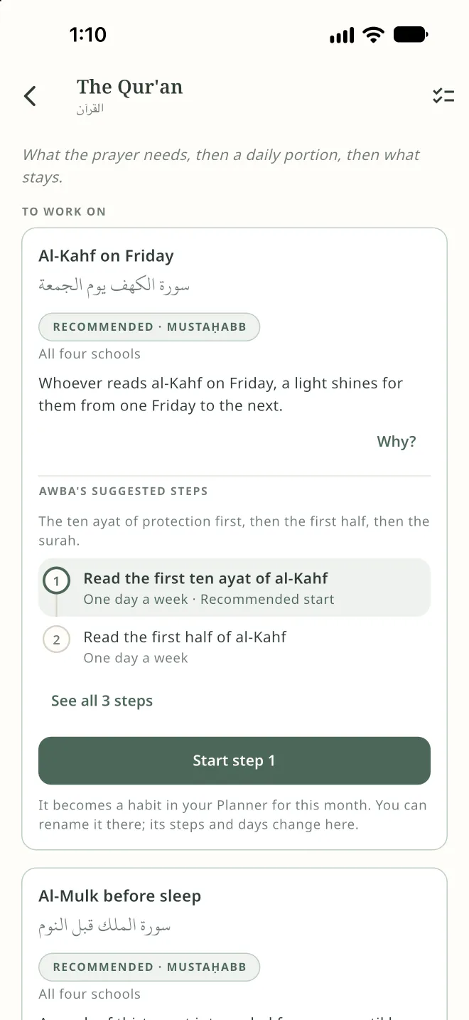 Reading al-Kahf on Friday, marked recommended by all four schools, with its evidence and three suggested steps.