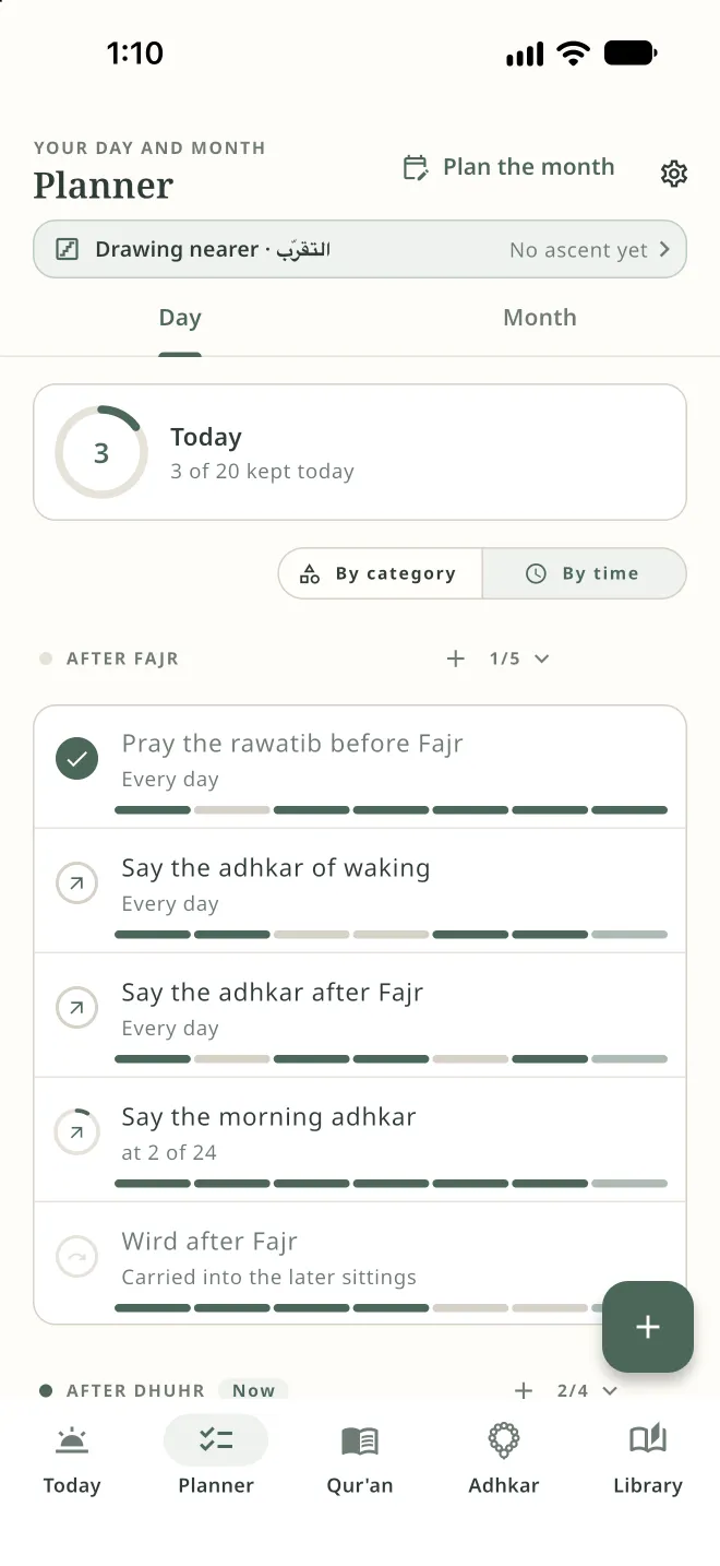 The Planner's day view, with the habits for after Fajr and a bar under each showing the past week.