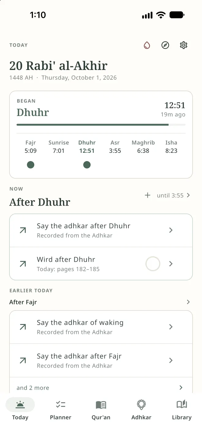 Awba's Today screen: the Hijri date, the five prayers with Dhuhr under way, and the deeds for after Dhuhr.